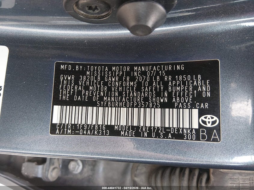 2015 Toyota Corolla Le VIN: 5YFBURHE0FP357825 Lot: 44841732