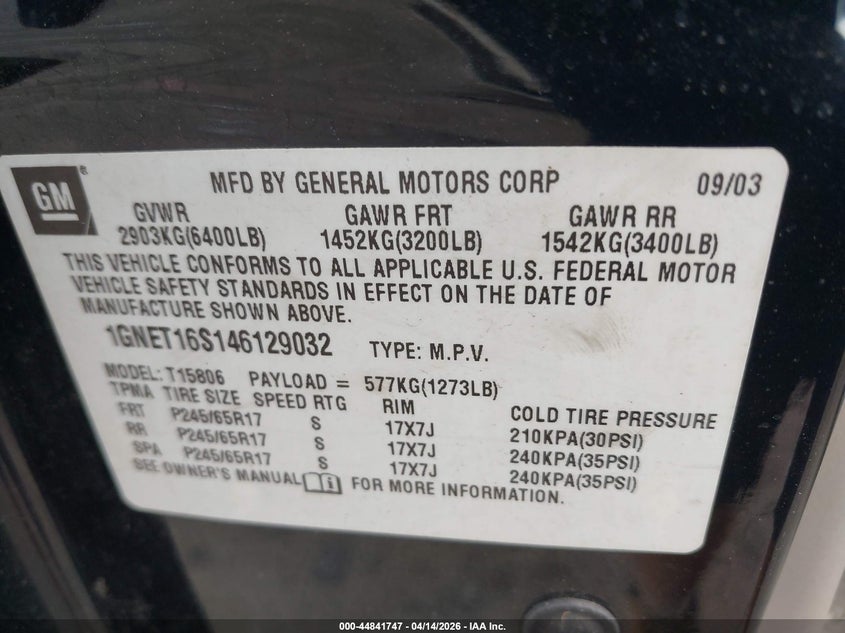 2004 Chevrolet Trailblazer Ext Ls VIN: 1GNET16S146129032 Lot: 44841747