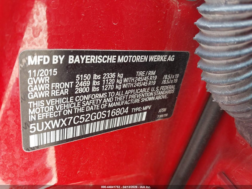 2016 BMW X3 xDrive35I VIN: 5UXWX7C52G0S16804 Lot: 44841752