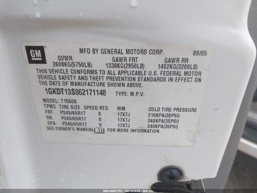 2006 GMC Envoy Sle VIN: 1GKDT13S062171148 Lot: 44841761