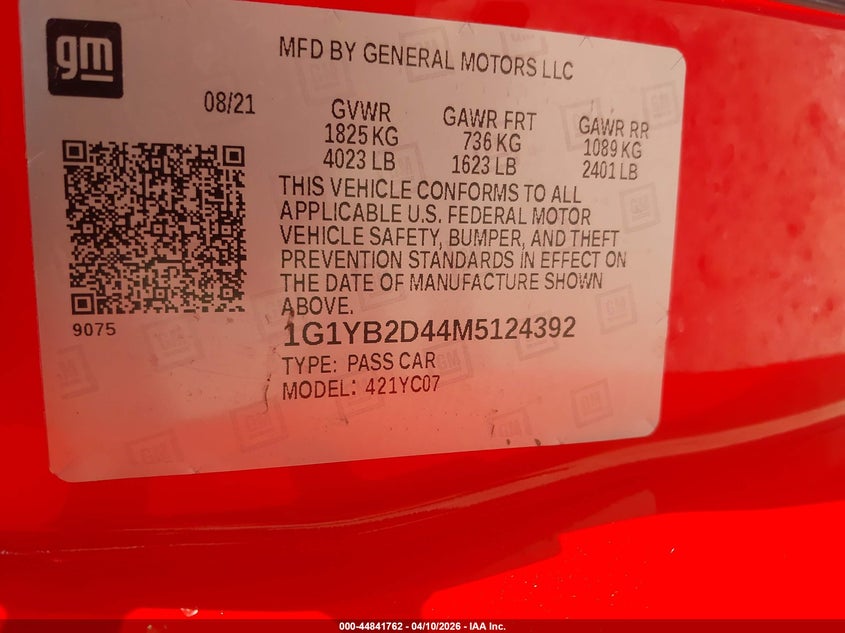 2021 Chevrolet Corvette Stingray Rwd 2Lt VIN: 1G1YB2D44M5124392 Lot: 44841762