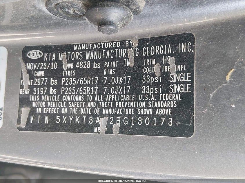 2011 Kia Sorento Lx VIN: 5XYKT3A12BG130173 Lot: 44841783