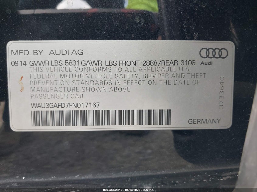 2015 Audi A8 L 3.0T VIN: WAU3GAFD7FN017167 Lot: 44841810