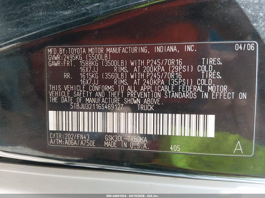 2006 Toyota Tundra VIN: 5TBJU32116S469127 Lot: 44841824