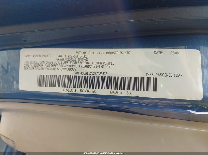 2008 Subaru Legacy 2.5I Limited VIN: 4S3BL626387223835 Lot: 44841840
