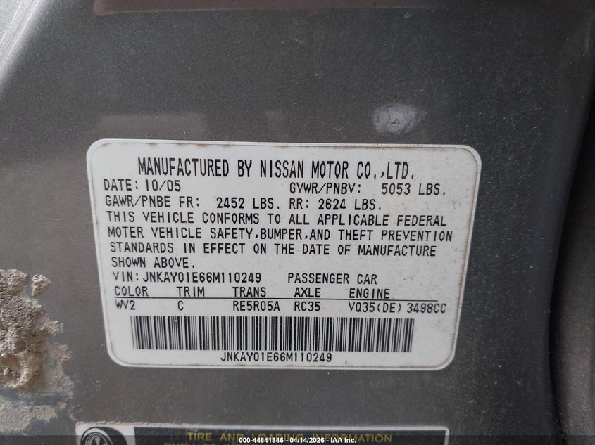 2006 Infiniti M35 VIN: JNKAY01E66M110249 Lot: 44841846