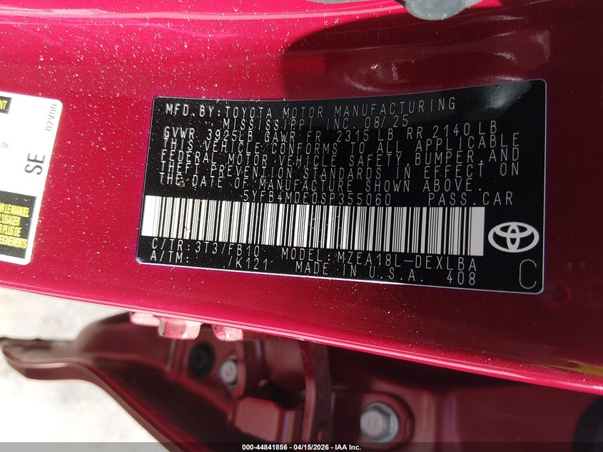 2025 Toyota Corolla Le VIN: 5YFB4MDE0SP355060 Lot: 44841856