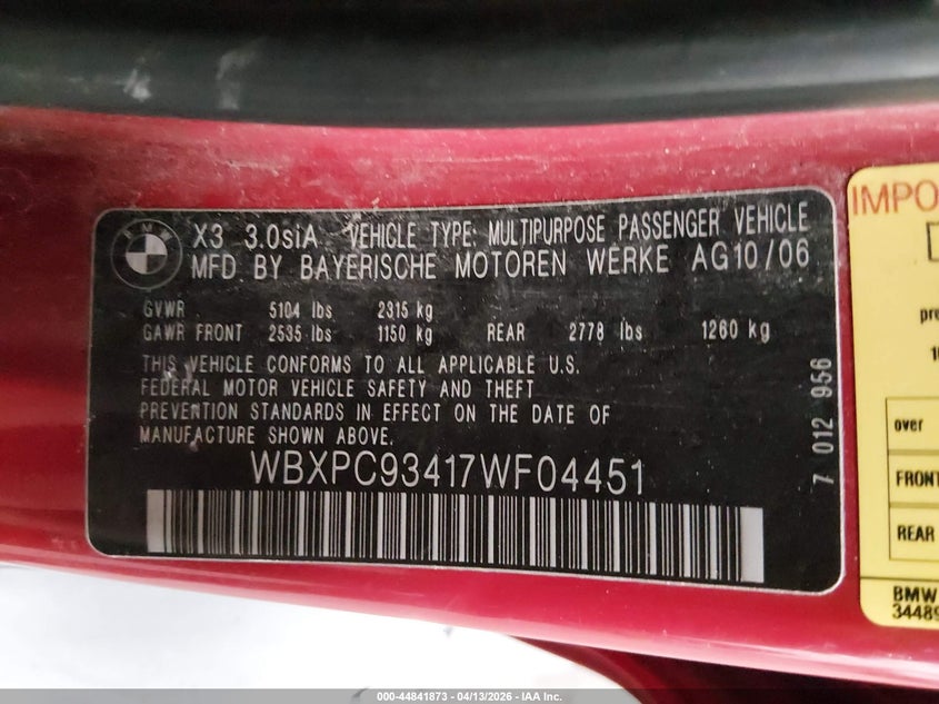 2007 BMW X3 3.0Si VIN: WBXPC93417WF04451 Lot: 44841873