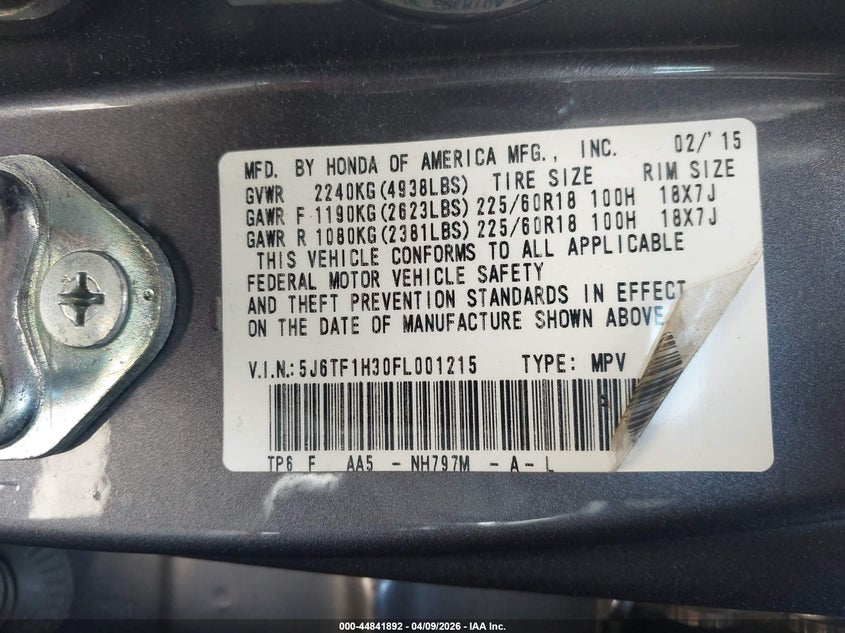 2015 Honda Crosstour Ex V6 VIN: 5J6TF1H30FL001215 Lot: 44841892