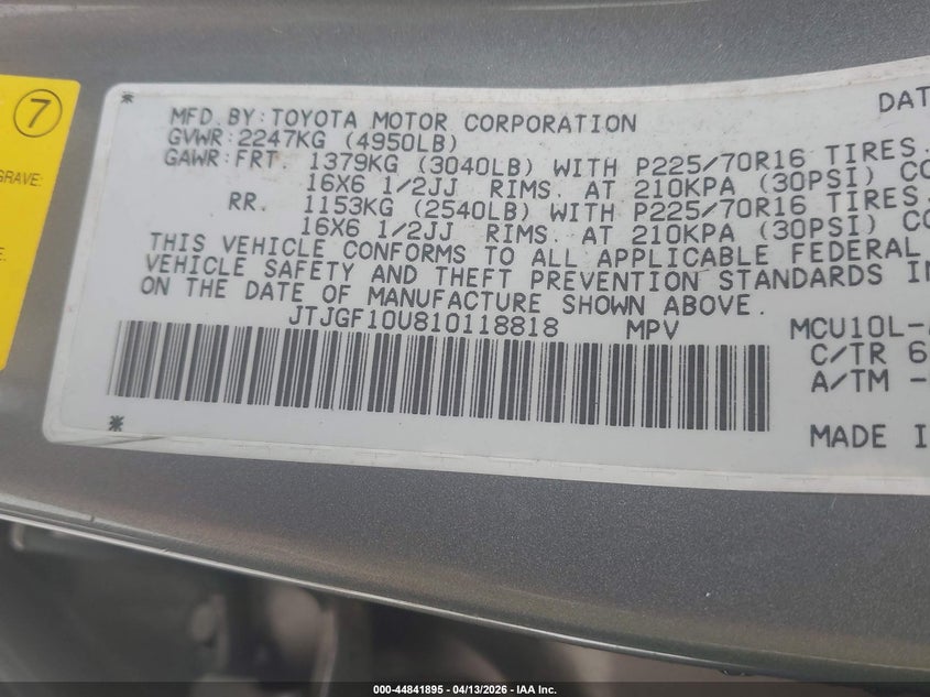 2001 Lexus Rx 300 VIN: JTJGF10U810118818 Lot: 44841895