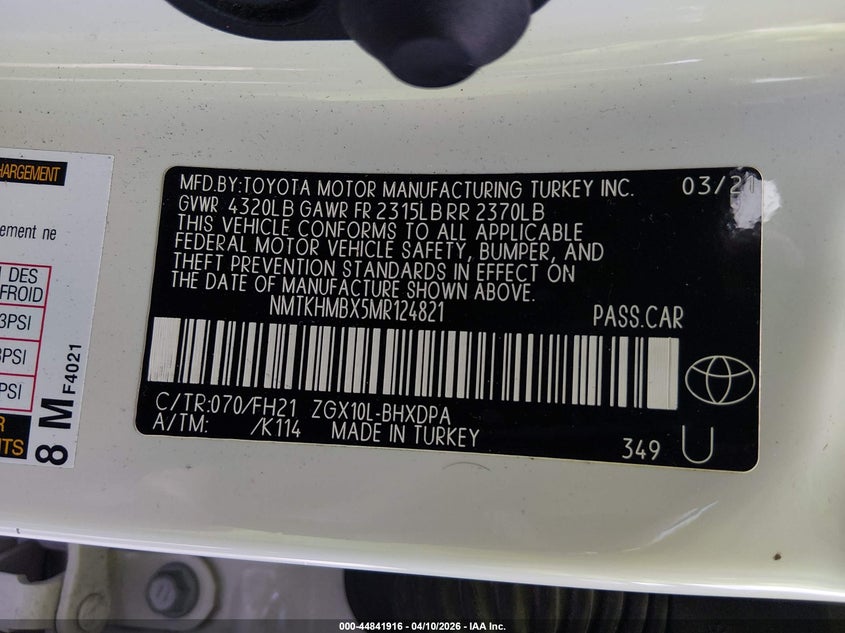 2021 Toyota C-Hr Le VIN: NMTKHMBX5MR124821 Lot: 44841916