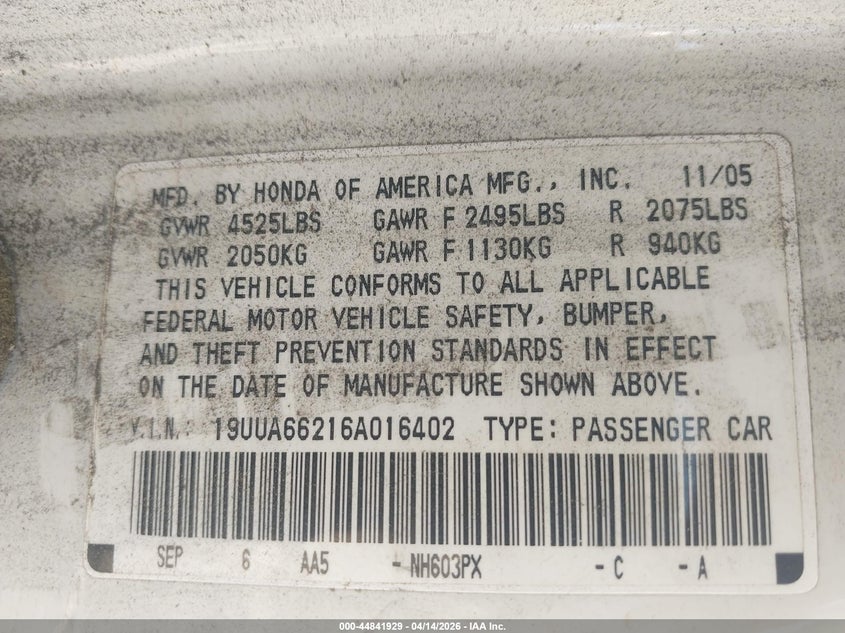 2006 Acura Tl VIN: 19UUA66216A016402 Lot: 44841929
