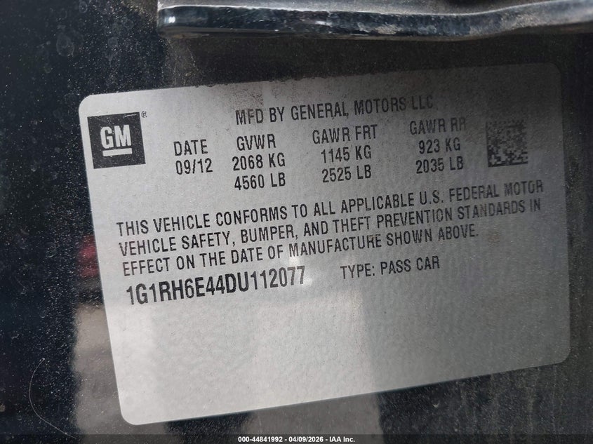 2013 Chevrolet Volt VIN: 1G1RH6E44DU112077 Lot: 44841992