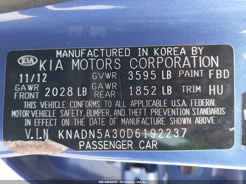 2013 Kia Rio Sx VIN: KNADN5A30D6192237 Lot: 44842029