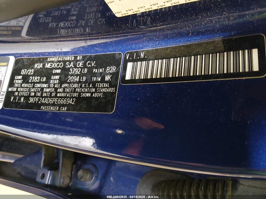 2023 Kia Forte Lxs VIN: 3KPF24AD6PE666942 Lot: 44842035