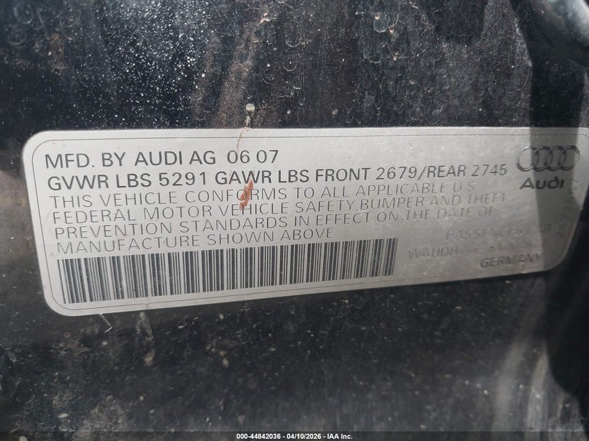 2008 Audi A6 3.2 VIN: WAUDH74F18N004877 Lot: 44842036