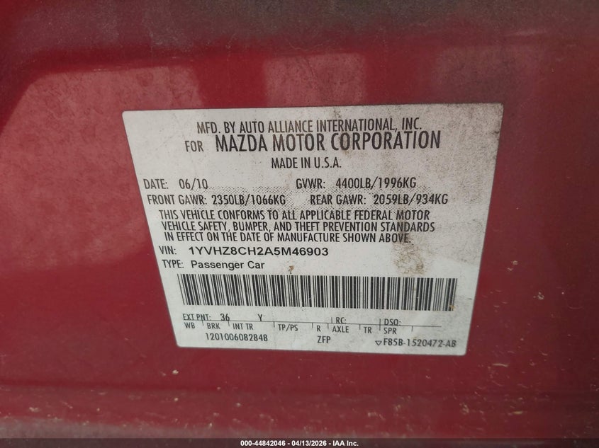 2010 Mazda Mazda6 I Touring Plus VIN: 1YVHZ8CH2A5M46903 Lot: 44842046
