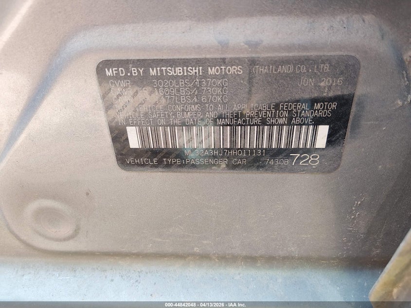 2017 Mitsubishi Mirage Es VIN: ML32A3HJ7HH011131 Lot: 44842048