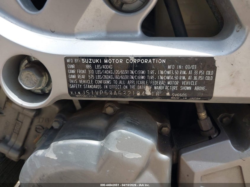 2003 Suzuki Sv650 VIN: JS1VP53A532104716 Lot: 44842051