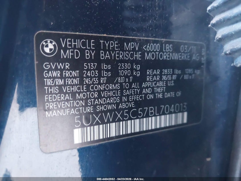 2011 BMW X3 xDrive28I VIN: 5UXWX5C57BL704013 Lot: 44842052