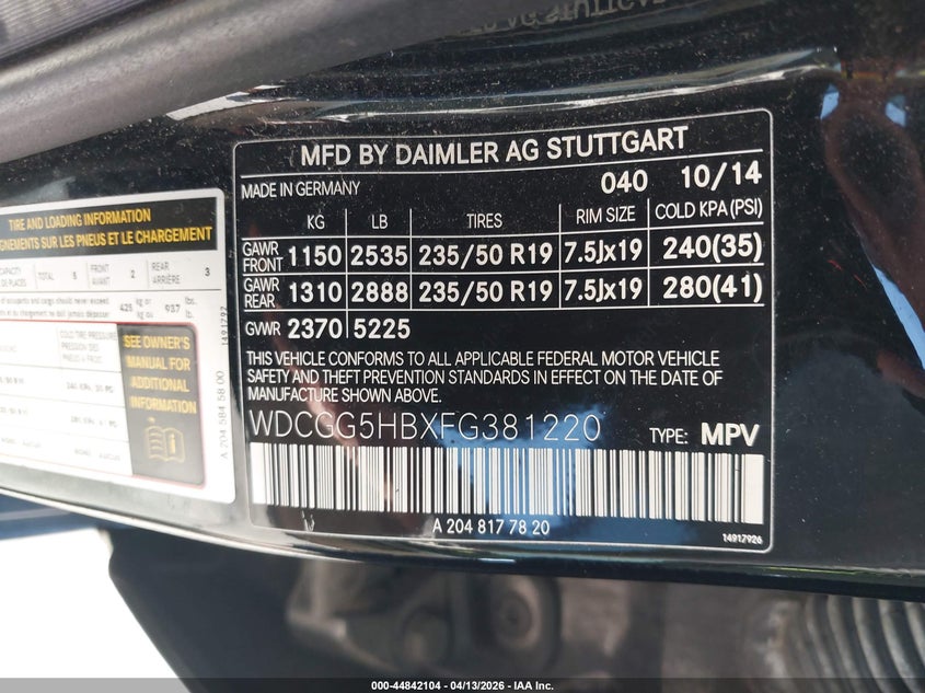 2015 Mercedes-Benz Glk 350 VIN: WDCGG5HBXFG381220 Lot: 44842104