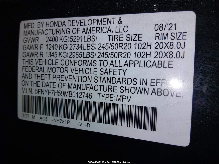 2021 Honda Passport 2Wd Ex-L VIN: 5FNYF7H59MB012746 Lot: 44842118