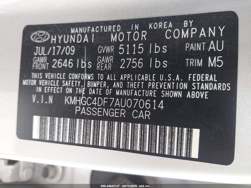 2010 Hyundai Genesis 4.6 VIN: KMHGC4DF7AU070614 Lot: 44842137