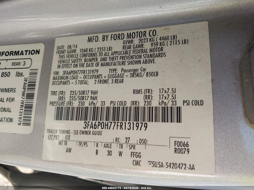 2015 Ford Fusion Se VIN: 3FA6P0H77FR131979 Lot: 44842175