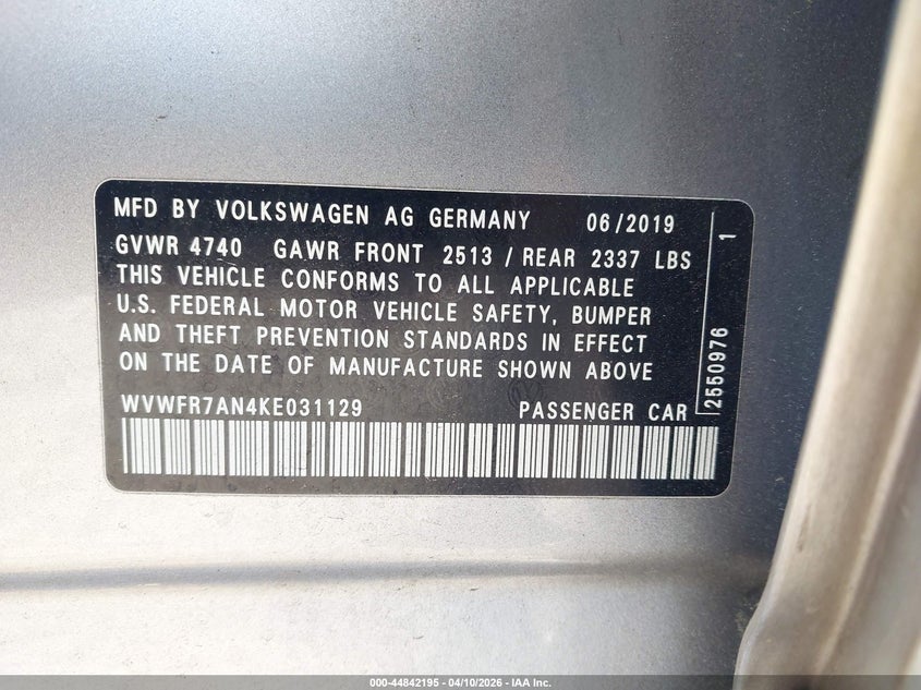 2019 Volkswagen Arteon 2.0T Se R-Line VIN: WVWFR7AN4KE031129 Lot: 44842195