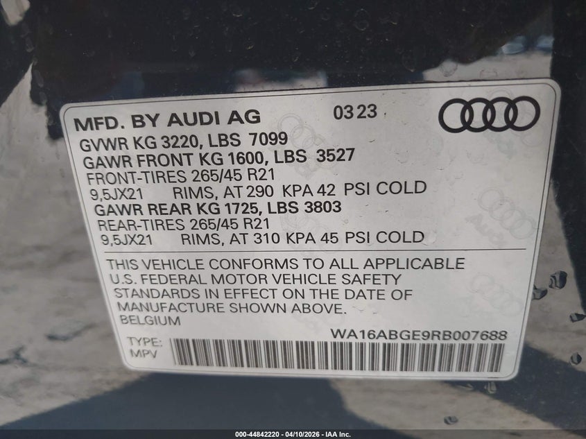 2024 Audi Q8 E-Tron Prestige Quattro VIN: WA16ABGE9RB007688 Lot: 44842220