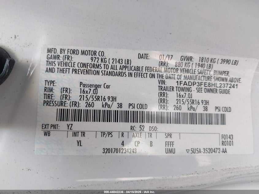 2017 Ford Focus Se VIN: 1FADP3FE8HL237241 Lot: 44842236