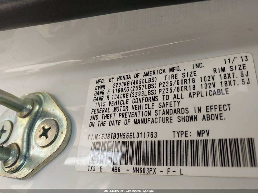 2014 Acura Rdx VIN: 5J8TB3H56EL011763 Lot: 44842239