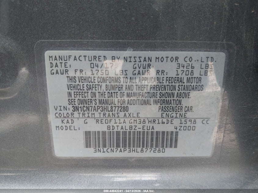 2017 Nissan Versa 1.6 1.6 Sv grey Lot 111044842241 Vin 3N1CN7AP3HL877280