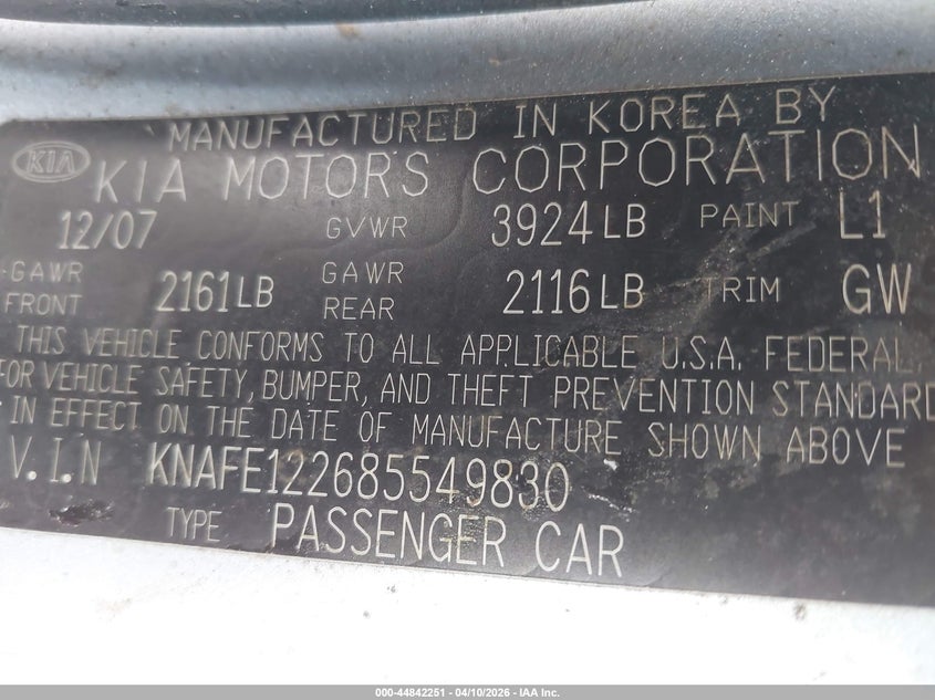 2008 Kia Spectra Ex VIN: KNAFE122685549830 Lot: 44842251