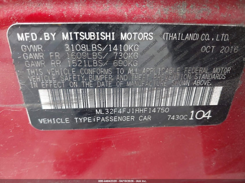 2017 Mitsubishi Mirage G4 Se VIN: ML32F4FJ1HHF14750 Lot: 44842320
