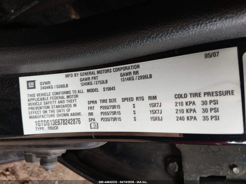 2007 GMC Canyon Sle2 VIN: 1GTDS13E678242876 Lot: 44842332