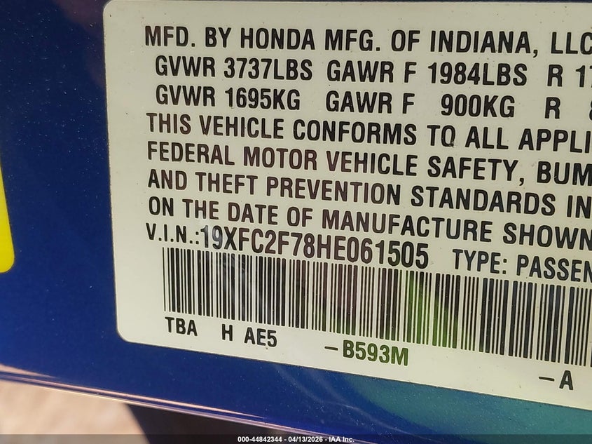 2017 Honda Civic 2.0 Ex blue Lot 111044842344 Vin 19XFC2F78HE061505