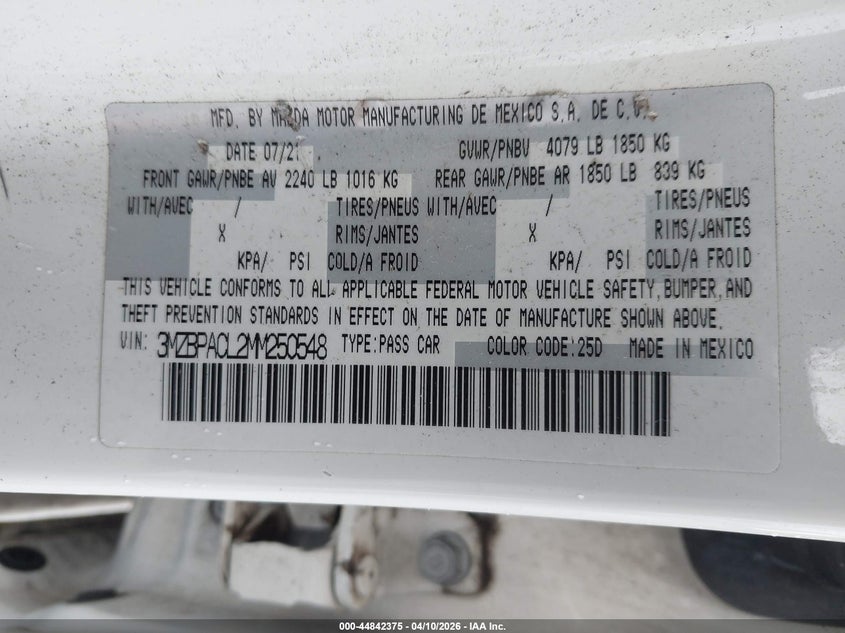 2021 Mazda Mazda3 Preferred VIN: 3MZBPACL2MM250548 Lot: 44842375