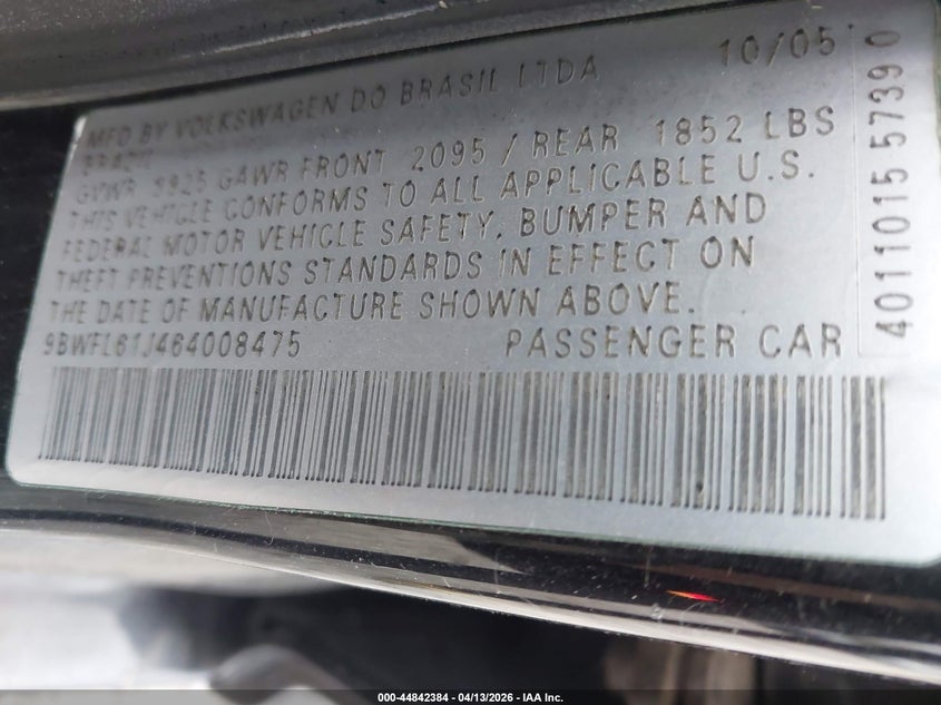 2006 Volkswagen Golf Gl 2.0L VIN: 9BWFL61J464008475 Lot: 44842384