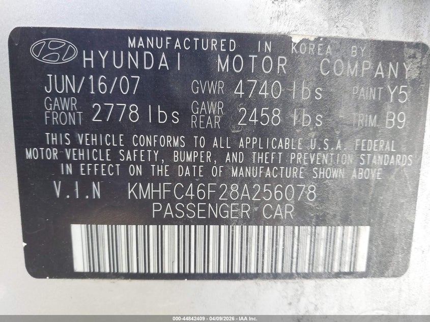 2008 Hyundai Azera Limited VIN: KMHFC46F28A256078 Lot: 44842409