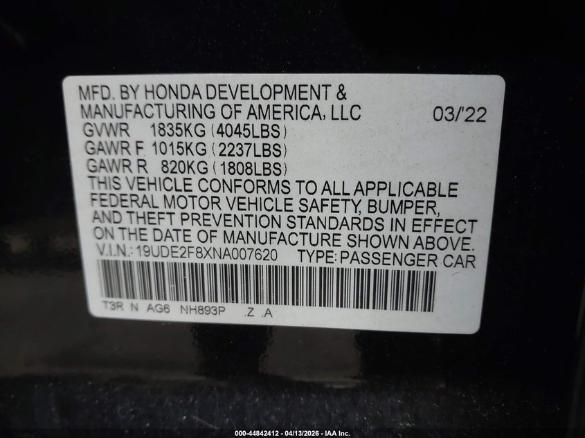 2022 Acura Ilx Premium A-Spec Packages/Technology A-Spec Packages VIN: 19UDE2F8XNA007620 Lot: 44842412