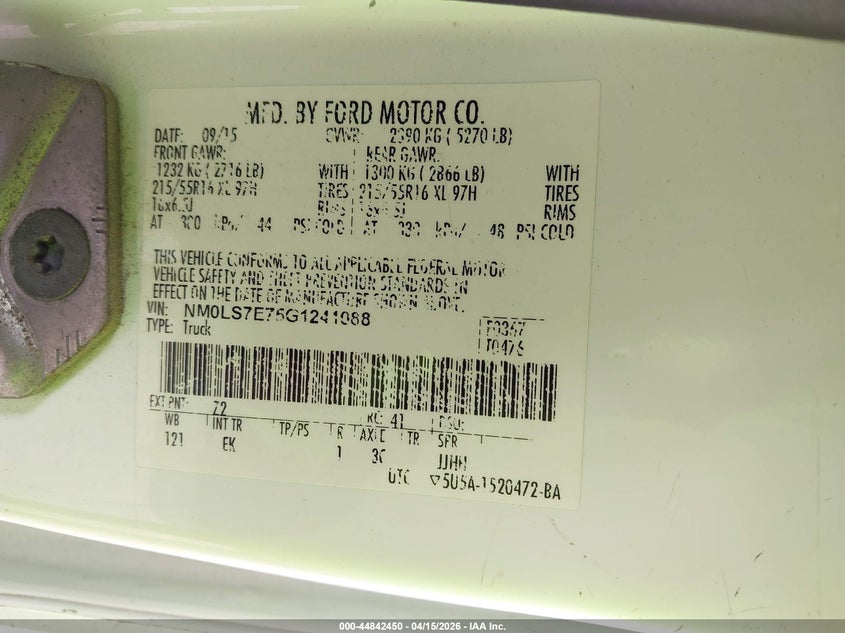 2016 Ford Transit Connect Xl VIN: NM0LS7E75G1241088 Lot: 44842450