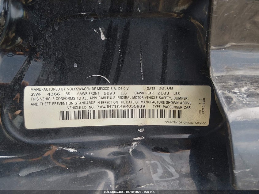 2009 Volkswagen Jetta S VIN: 3VWJM71K49M035939 Lot: 44842484