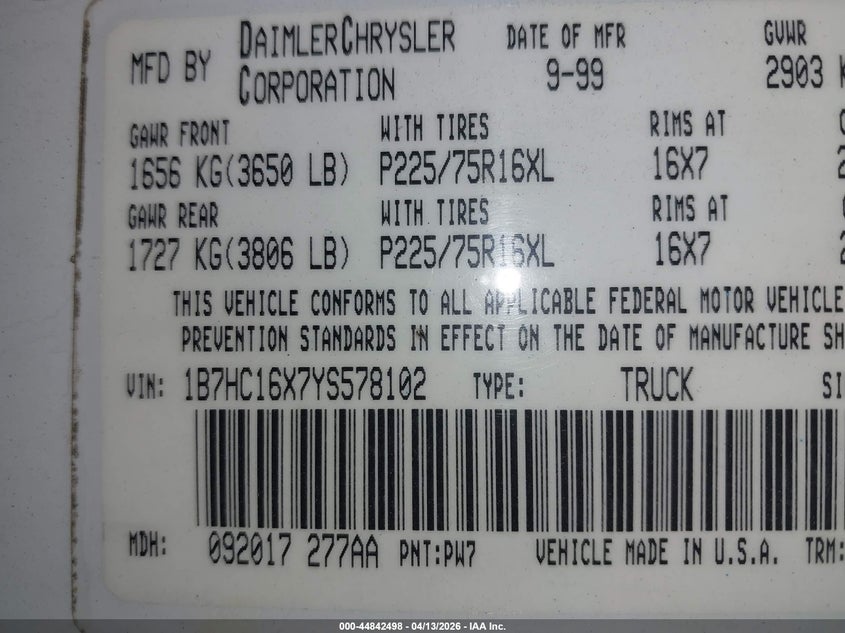 2000 Dodge Ram 1500 St/Ws VIN: 1B7HC16X7YS578102 Lot: 44842498