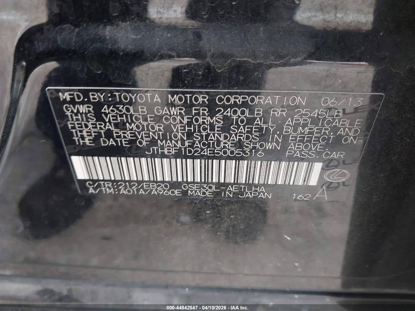 2014 Lexus Is 2.5 Is 250 black Lot 111044842547 Vin JTHBF1D24E5005316