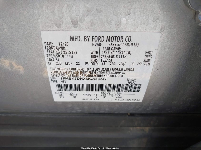 2021 Ford Explorer Xlt VIN: 1FMSK7DHXMGA83747 Lot: 44842560