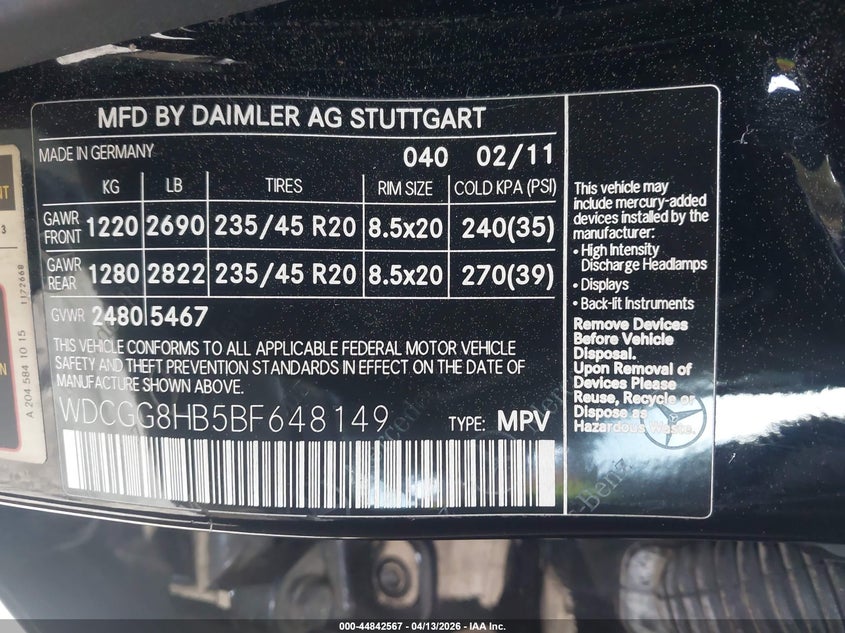 2011 Mercedes-Benz Glk 350 4Matic VIN: WDCGG8HB5BF648149 Lot: 44842567