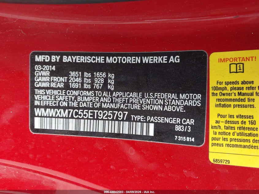 2014 Mini Hardtop Cooper S VIN: WMWXM7C55ET925797 Lot: 44842583