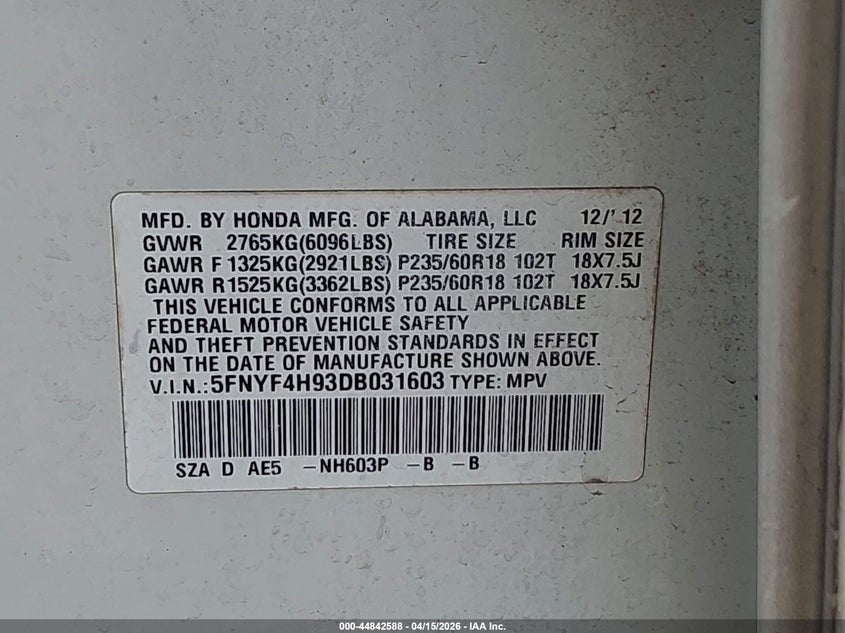 2013 Honda Pilot Touring VIN: 5FNYF4H93DB031603 Lot: 44842588