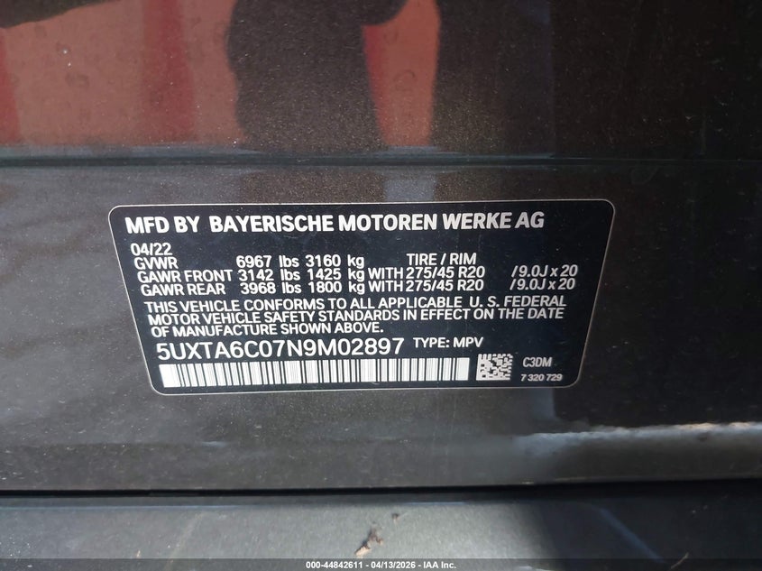 2022 BMW X5 Phev xDrive45E VIN: 5UXTA6C07N9M02897 Lot: 44842611